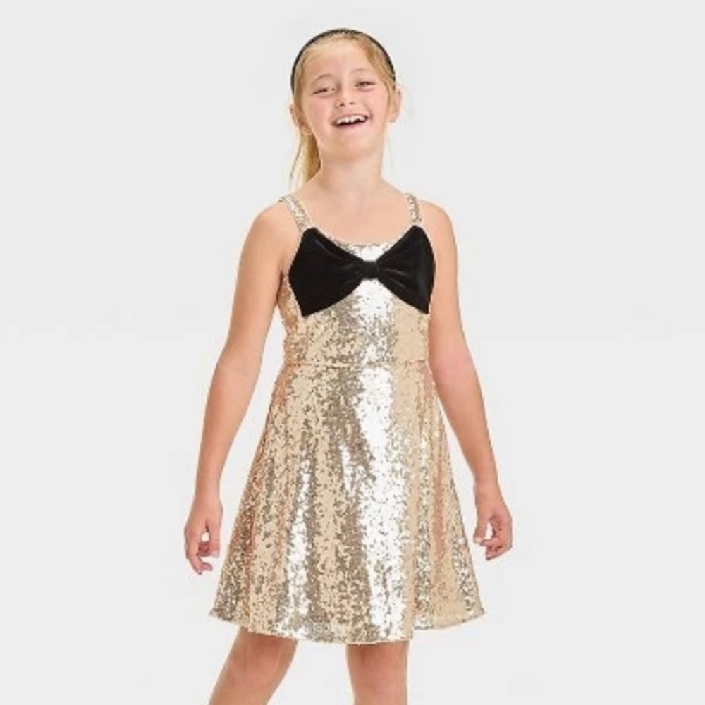 Cat & Jack Gold Sequin Dress with Black Bow